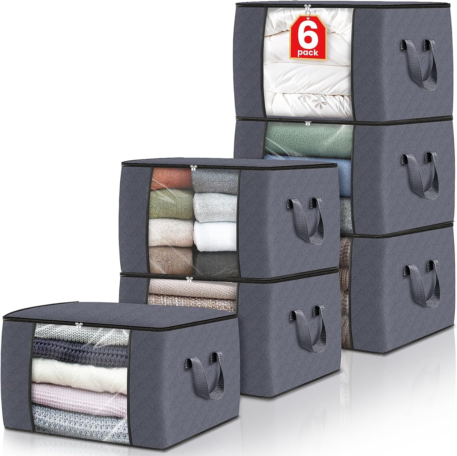 6 Pack Clothes Storage, Foldable Thick Fabric Blanket Storage Bags, Containers for Organizing Bedroom, Closet, Clothing, Comforter,Closet Organization with Handle,Grey