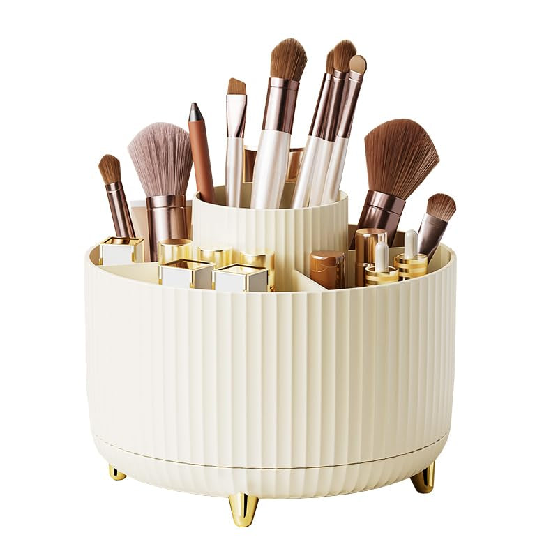 Makeup Brush Holder Organizer,360° Rotating Makeup Brush Organizer,5 Slot Make up Brushes Cup for Cosmetics, Nail Polish, Art Supply, Bathroom Vanity Desktop Organizer - Cream