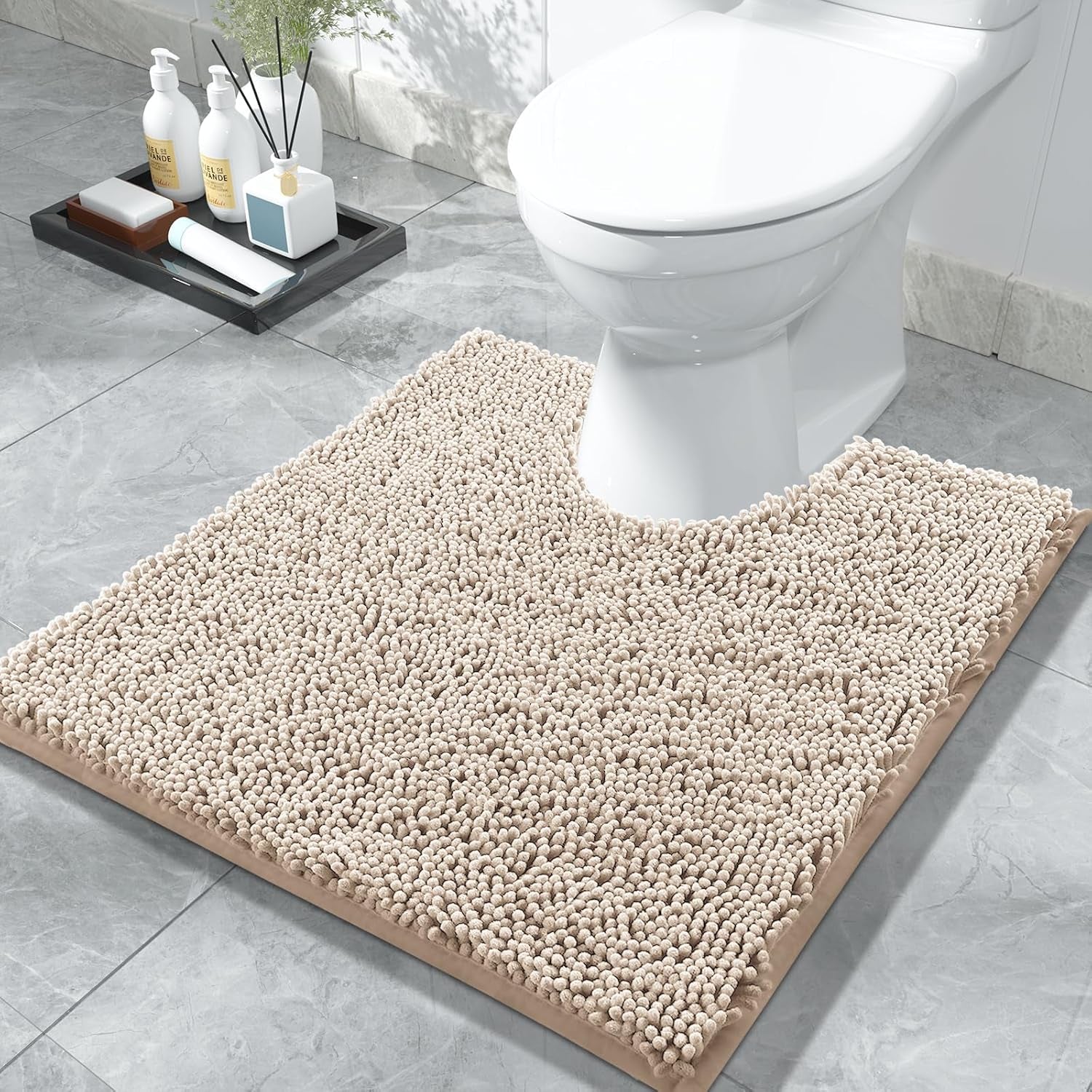 Chenille Toilet Rug U-Shaped Washable - 24"X20" Non Slip Contour Bath Mat - Super Luxury Soft Absorbent Quick Dry Rugs for Bathroom Toilet Base - Light Brown