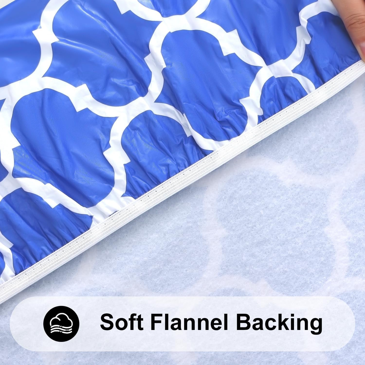 round Picnic Tablecloth, Waterproof Elastic Fitted Table Covers for 36" - 44" Tables, Wipeable Flannel Backed Vinyl Tablecloths for Camping, Indoor, Outdoor, Blue & White