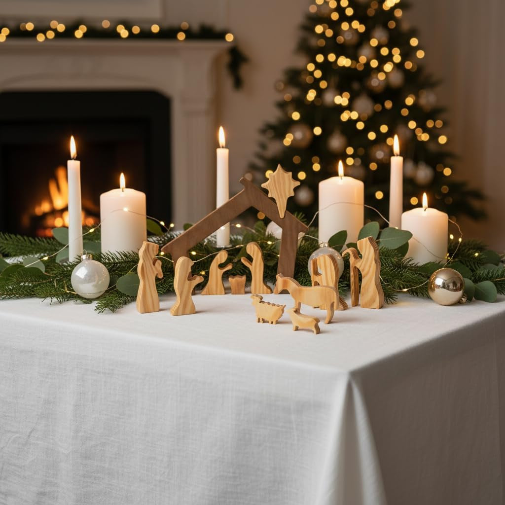 Christmas Decorations, Nativity Sets for Indoor Set of 15 Pieces, Wooden Nativity Set Tabletop Holidays Home Decor, Jesus Christmas Decorations, Christian Religious Nativity Sets & Figures