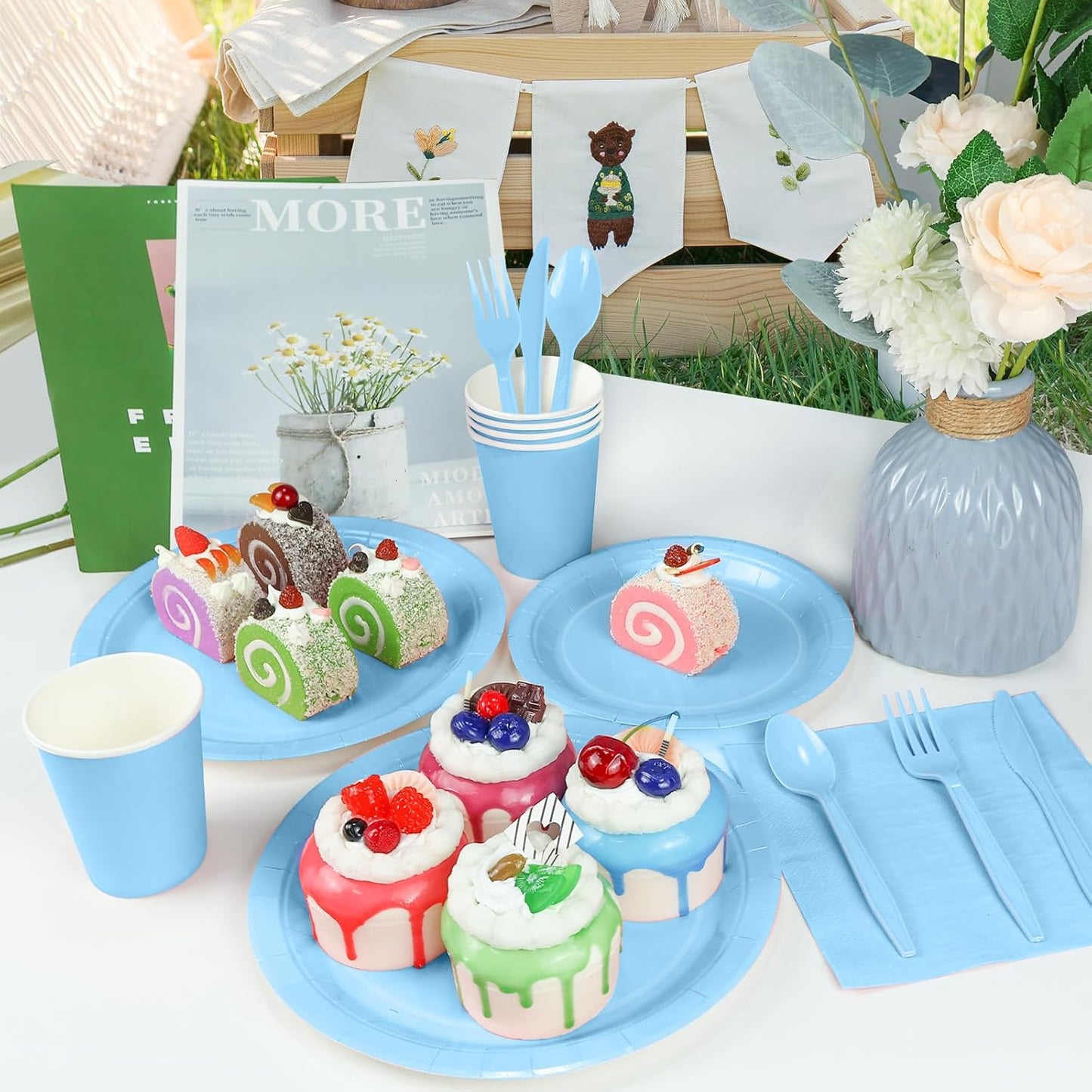 168PCS Light Blue Paper Plates and Napkins, Blue Disposable Plates Set for Baby Shower Gender Reveal Birthday Party Supplies Serve 24 Guests