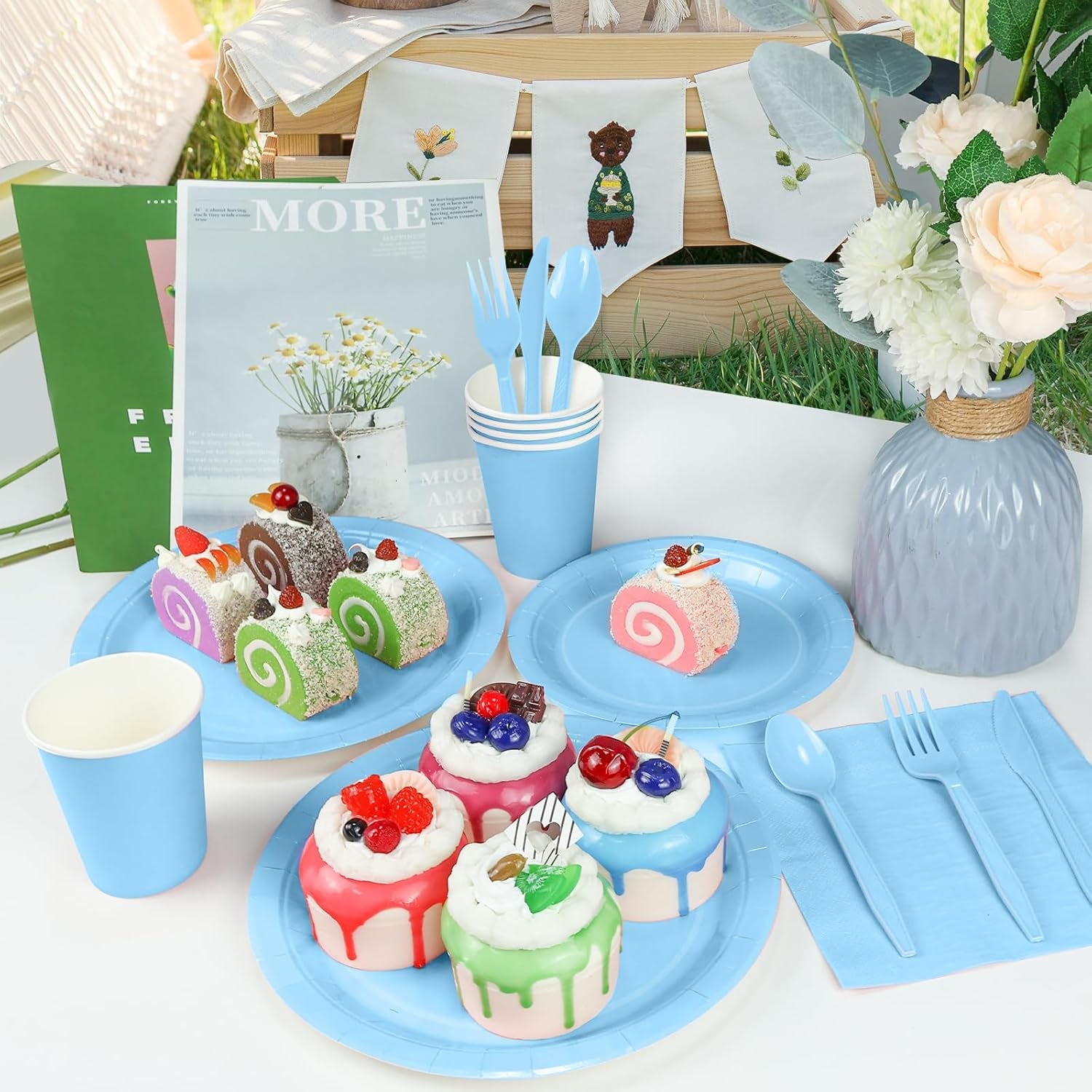 168PCS Light Blue Paper Plates and Napkins, Blue Disposable Plates Set for Baby Shower Gender Reveal Birthday Party Supplies Serve 24 Guests