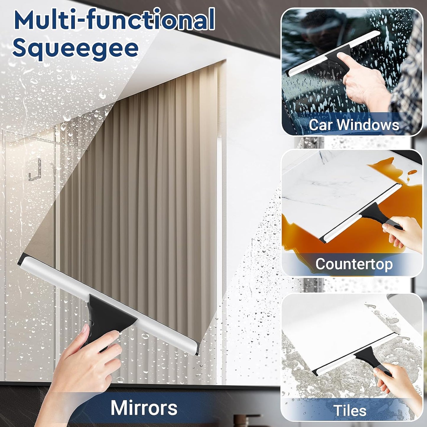 All-Purpose Silicone Shower Squeegee for Glass, Window, Door, Mirror, Car Windshield & Tile Wall, Portable Cleaner Tools, Includes One Hook & One Adhesive,10 Inches (Black)