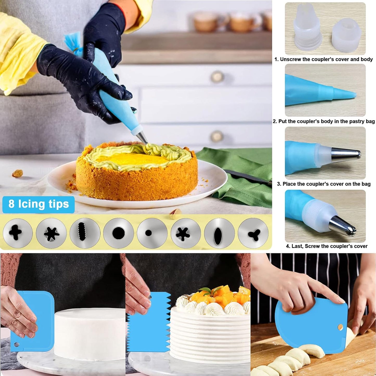 153Pcs Cake Baking Pan Set Decorating Supplies Kit, Stainless Steel 4/6/8/9.5 Inch Cake Pans with Icing Tips Tools, Parchment Papers, Whisk, Egg Separator, Muffin Cups, Measuring Spoon