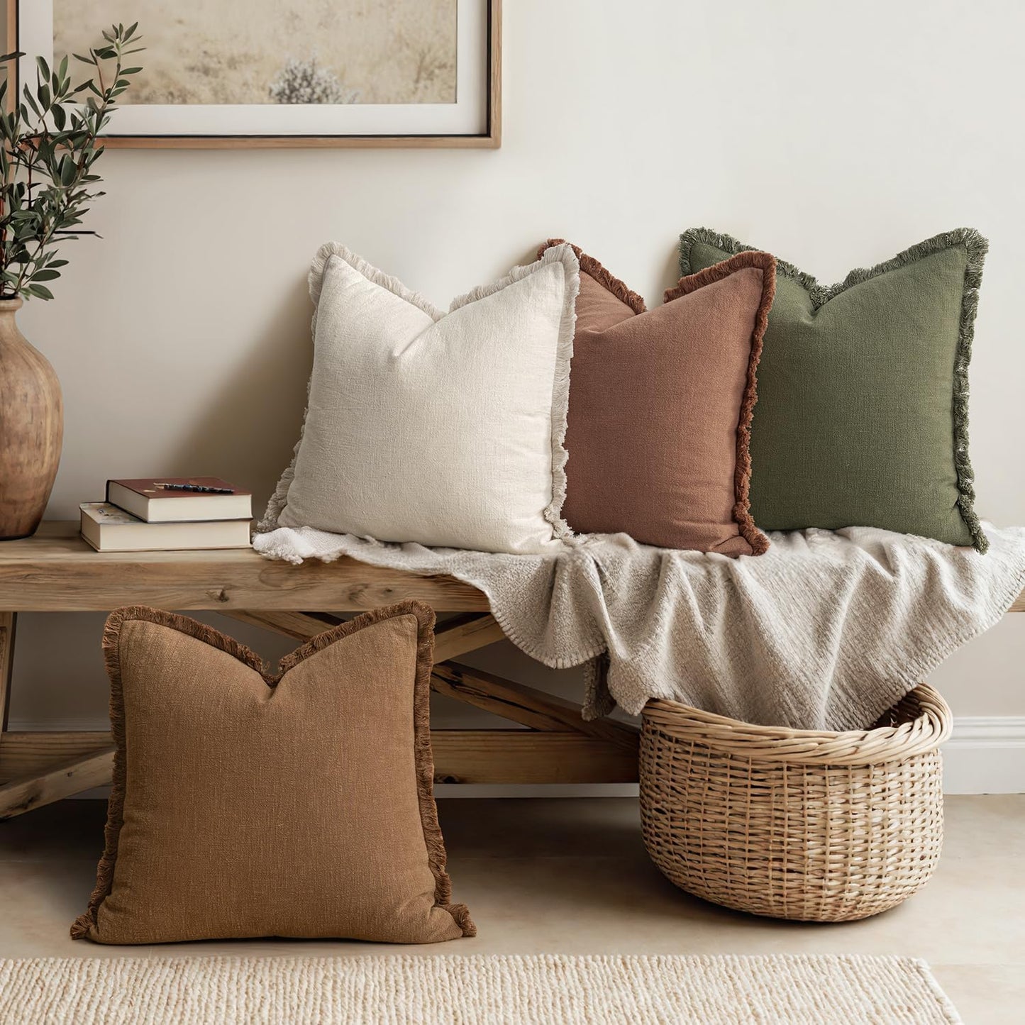 Fall Decorative Couch Pillow Covers Neutral Linen Fringe Throw Pillows Set of 4 Soft Rustic Cushions Boho Farmhouse Pillowcases for Bed Sofa Living Room Home Decor 18X18 Inch Beige/Brown/Green