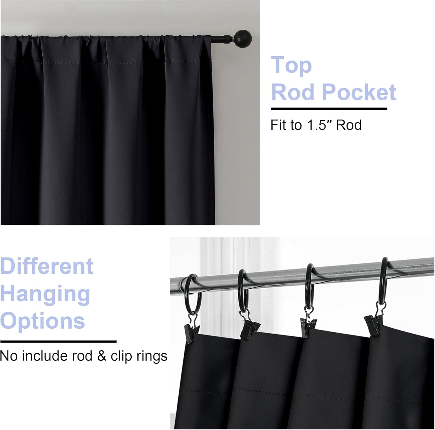 Ava Halloween Black Blackout Curtains for Bedroom 63 Inch Length 2 Panels, Solid Thermal Insulated Energy Saving Rod Pocket Window Treatment Curtains Blackout Drapes, W40 X L63 Inch, Black