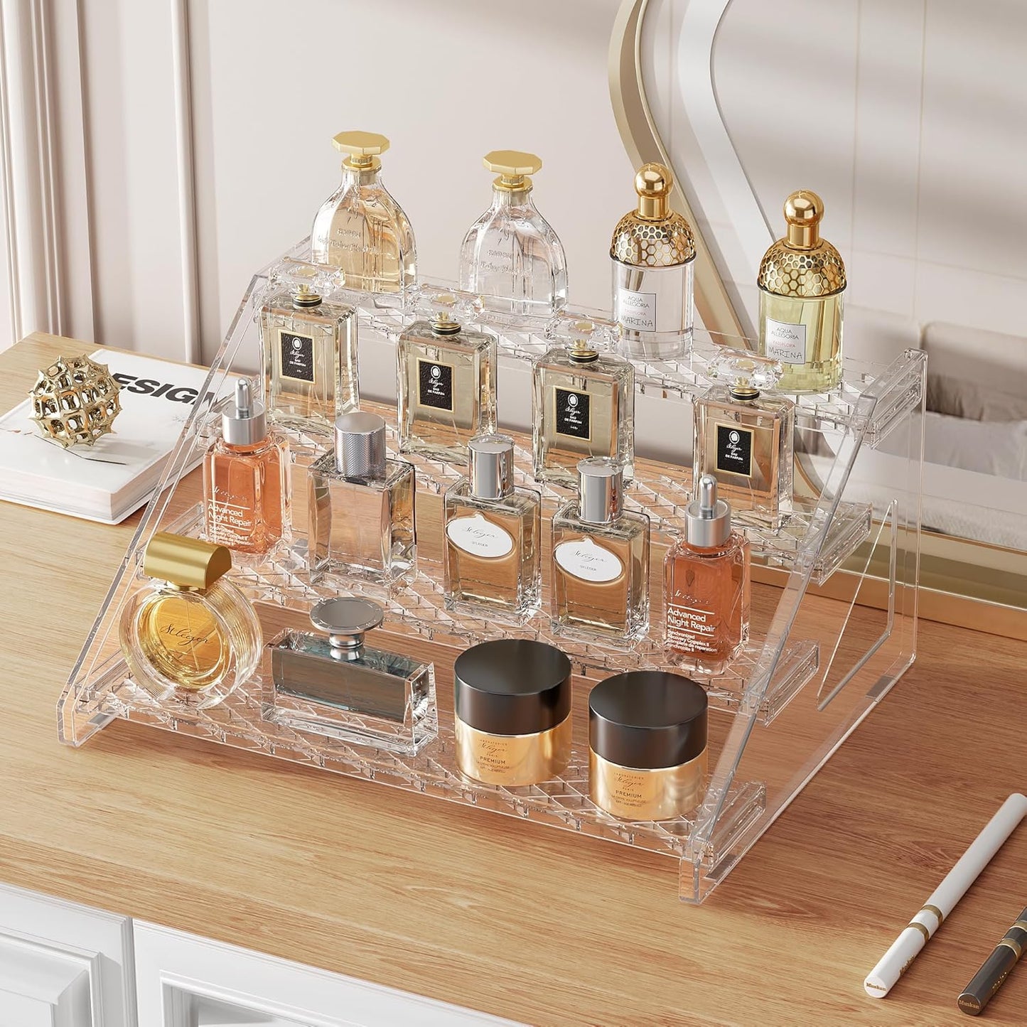 Perfume Organizer Stand Holder, 12.4 Inch 4 Tier Cologne Organizer for Men, Large Shelf Risers with Anti-Slip for Figures, Dessert Shelves for Party, Riser Stand for Cupcake,Perfume,Dessert