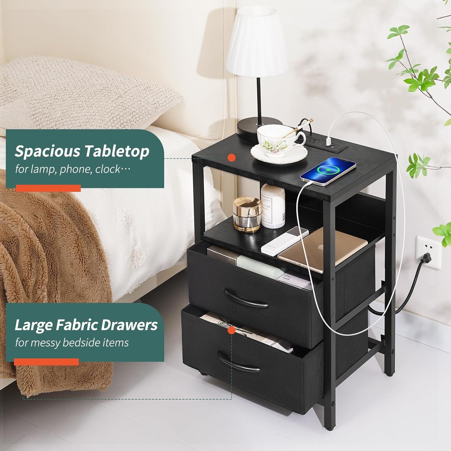 Nightstand with Charging Station, Small Night Stand with Fabric Drawers and Storage Shelf for Bedrooms, Nightstands for Small Spaces, Bedside Table with USB Ports & Outlets Bed Side Table