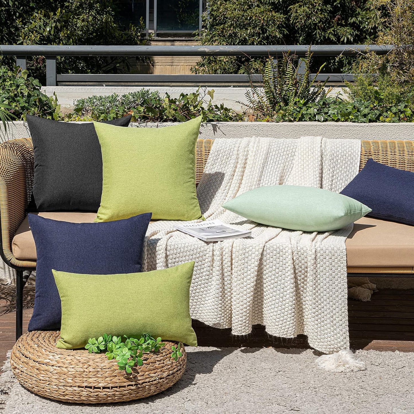 Pack of 2 Decorative Outdoor Solid Waterproof Throw Pillow Covers Faux Linen Garden Farmhouse Cushion Cases for Summer Patio Tent Balcony Couch Sofa 18X18 Inch Navy