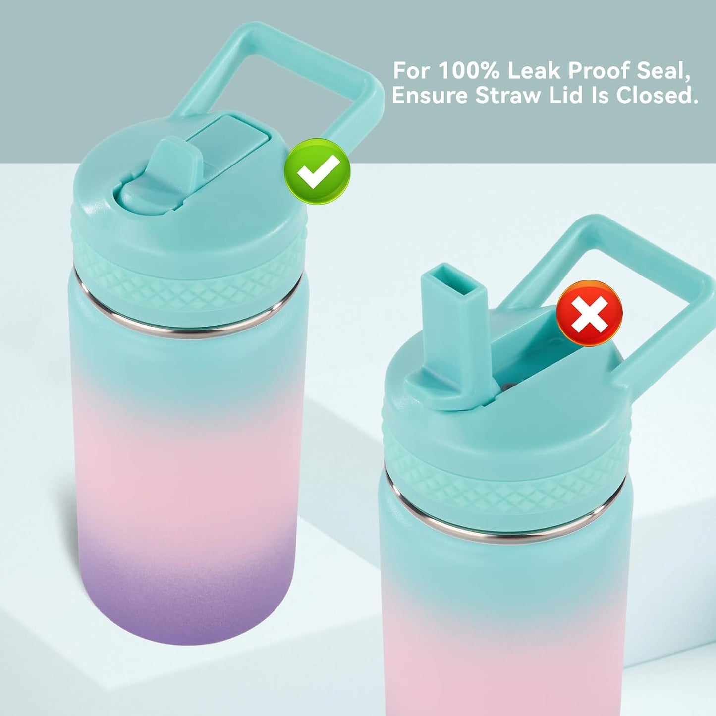 Toddler Water Bottle, 12 Oz Kids Water Bottle for School with Straws Lids, 304 Stainless Steel Vacuum Thermos Insulated Bottle, Bpa-Free, Aurora