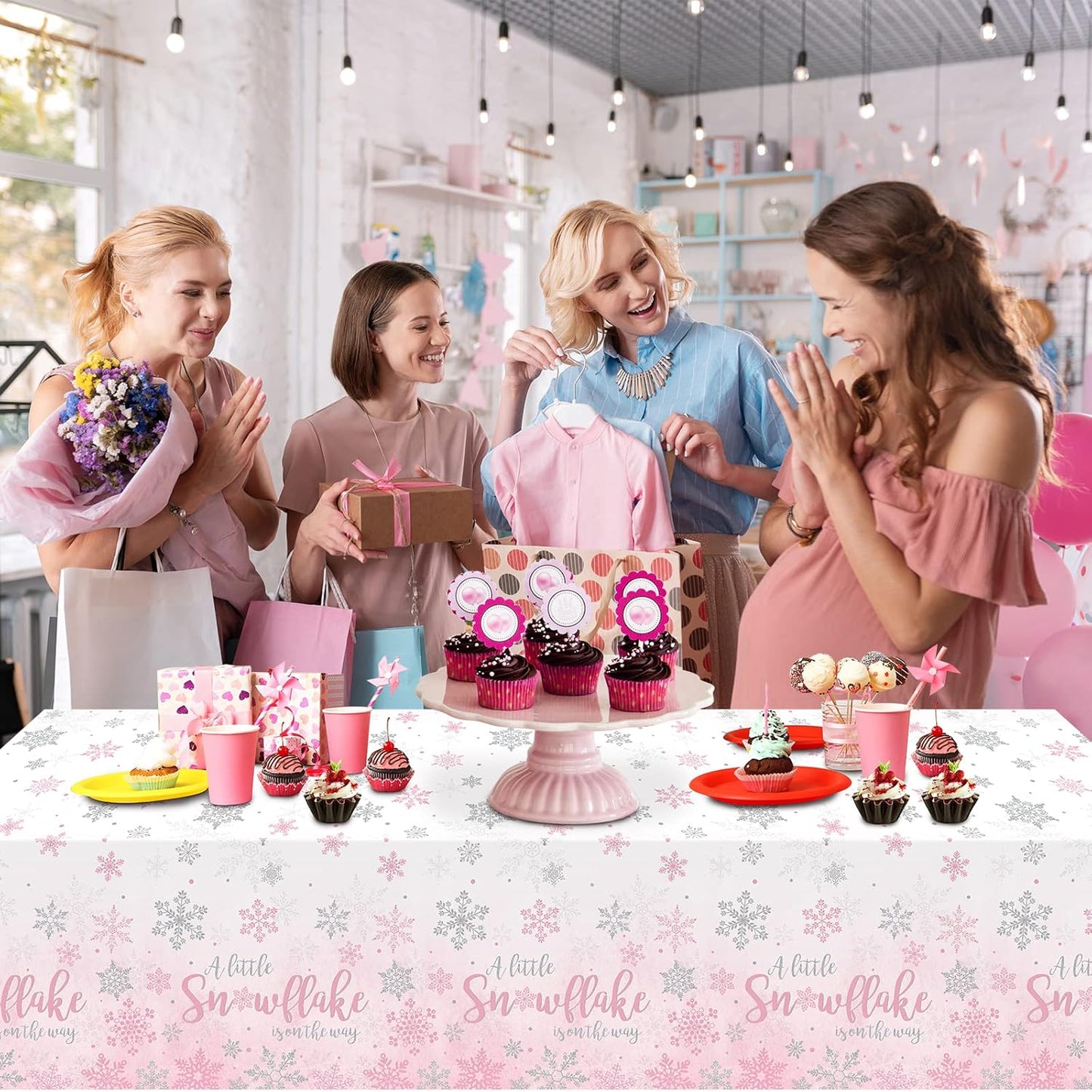 3Pcs Winter Snowflake Tablecloth, Little Snowflake Is on the Way Baby Shower Plastic Pink Tablecloth, Winter Wonderland Baby Shower Decorations for Onederland Princess Gender Reveal, 54X108Inch