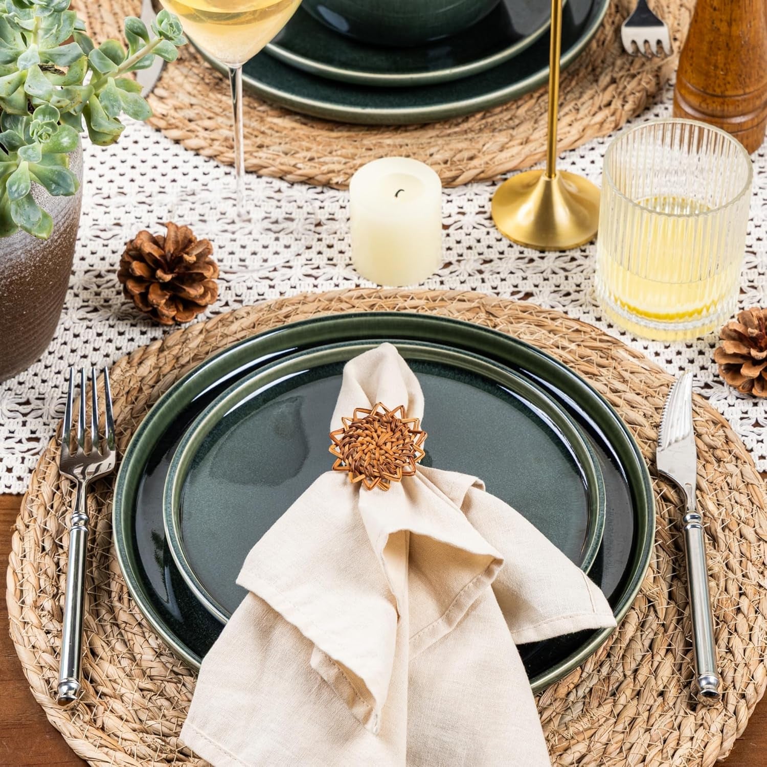 Ceramic Dinnerware Set for Six - 18-Piece Stoneware Plate and Bowl Collection with Reactive Glaze Finish, Scratch Resistant, Dishwasher and Microwave Safe, Earth Green