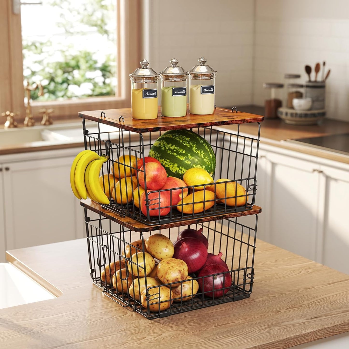 2 Pack Stackable Wire Basket with Wood Top,Pantry Organizer and Storage,Potato Basket Onion Storage for Kitchen Counter,Spice Organizer for Cabinet