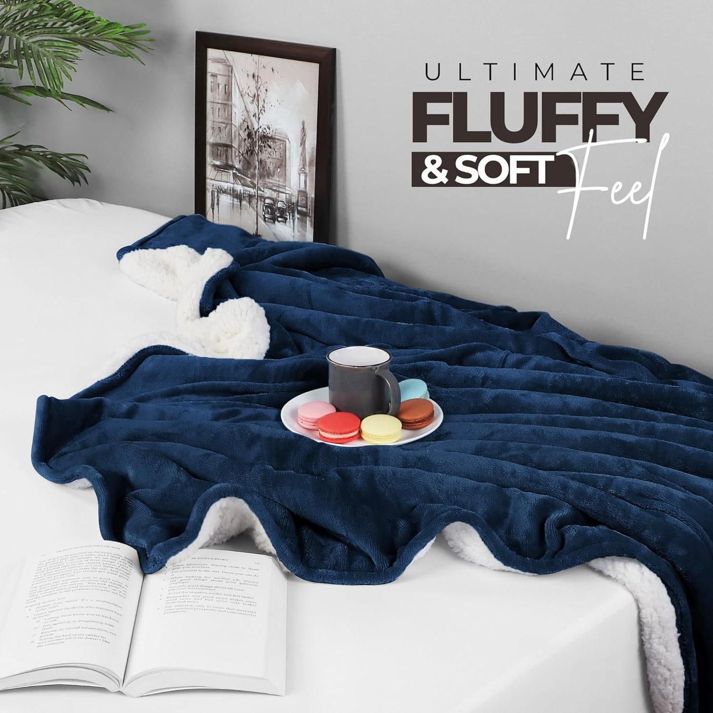 Sherpa Blanket Queen Size (Navy, 90X90 Inches) - Soft Lightweight Plush Fleece Reversible Blanket for Bed, Sofa, Couch, Camping and Travel