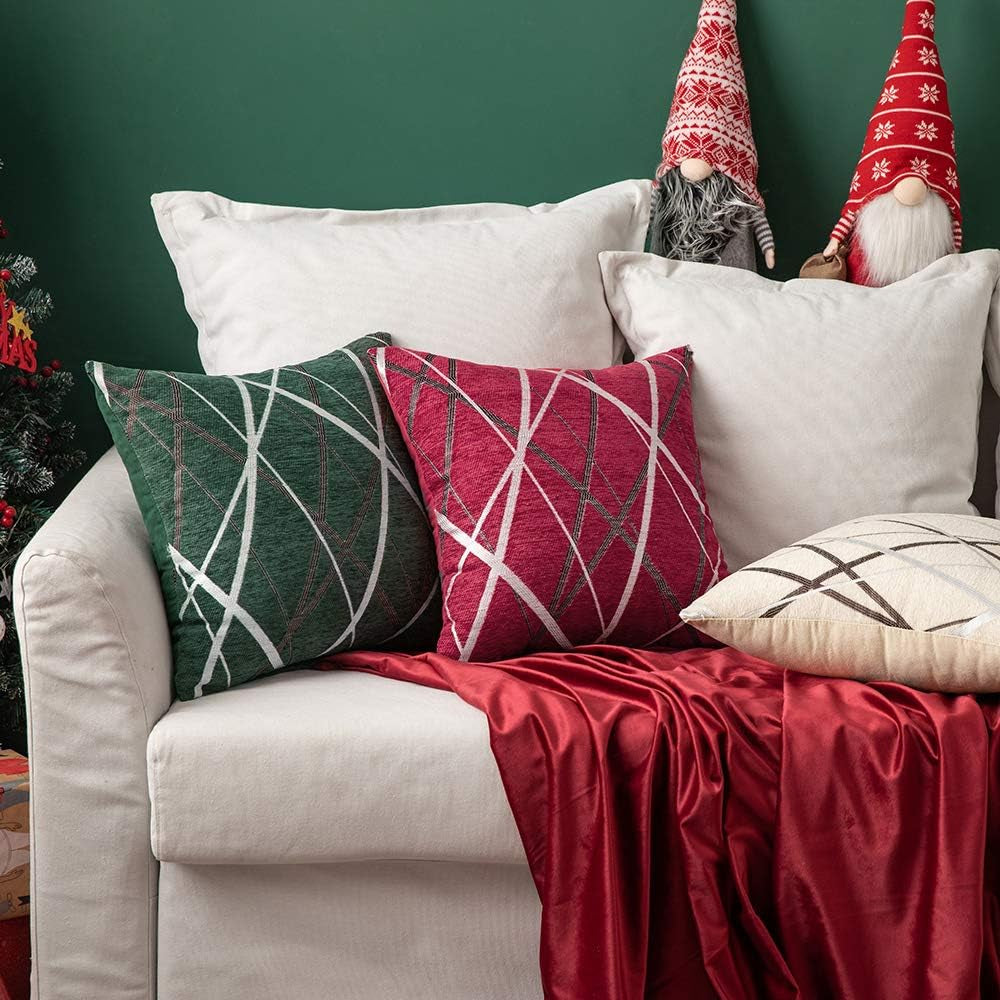 Pack of 2 Decorative Throw Pillow Covers Christmas Woven Textured Chenille Cozy Modern Concise Soft Red Square Cushion Shams for Bedroom Sofa Car 18 X 18 Inch