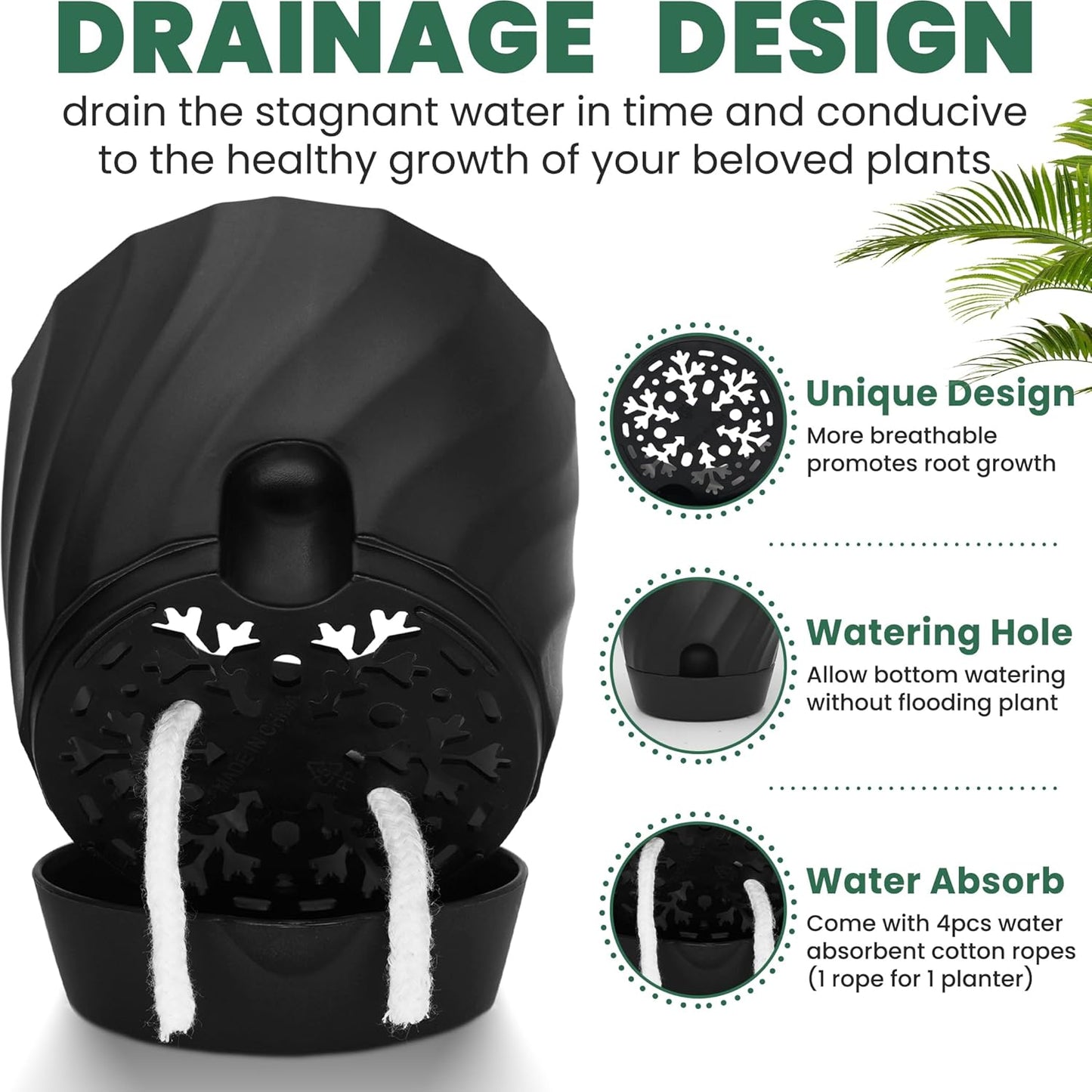 Plant Pots with Drainage, Self Watering Pots for Indoor Plants, Home Decor Flower Planters, 4 Pack 6 Inch Plastic Planters Succulent Pots, Black
