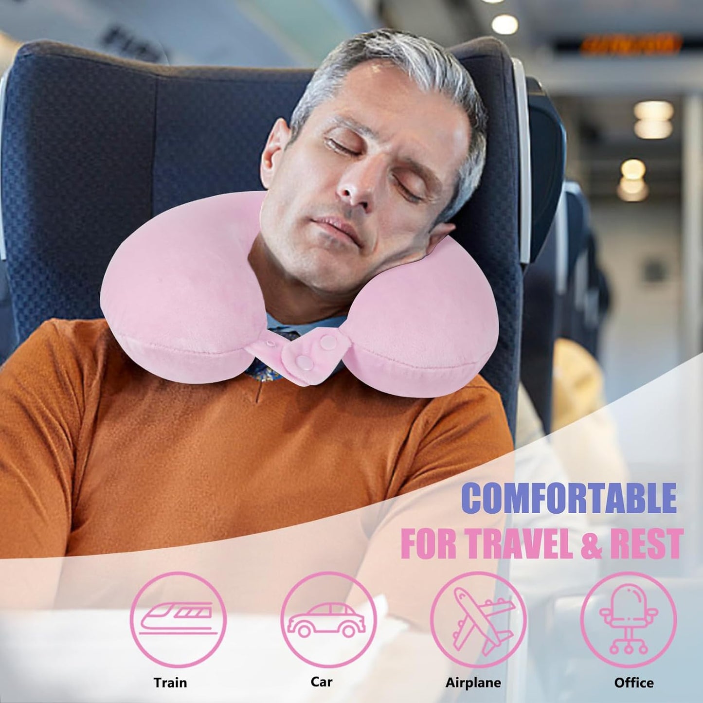 Travel Neck Pillow 100% Pure Memory Foam Airplane Pillow for Head Support,Soft Adjustable Pillow for Plane, Car & Home Recliner (Pink)