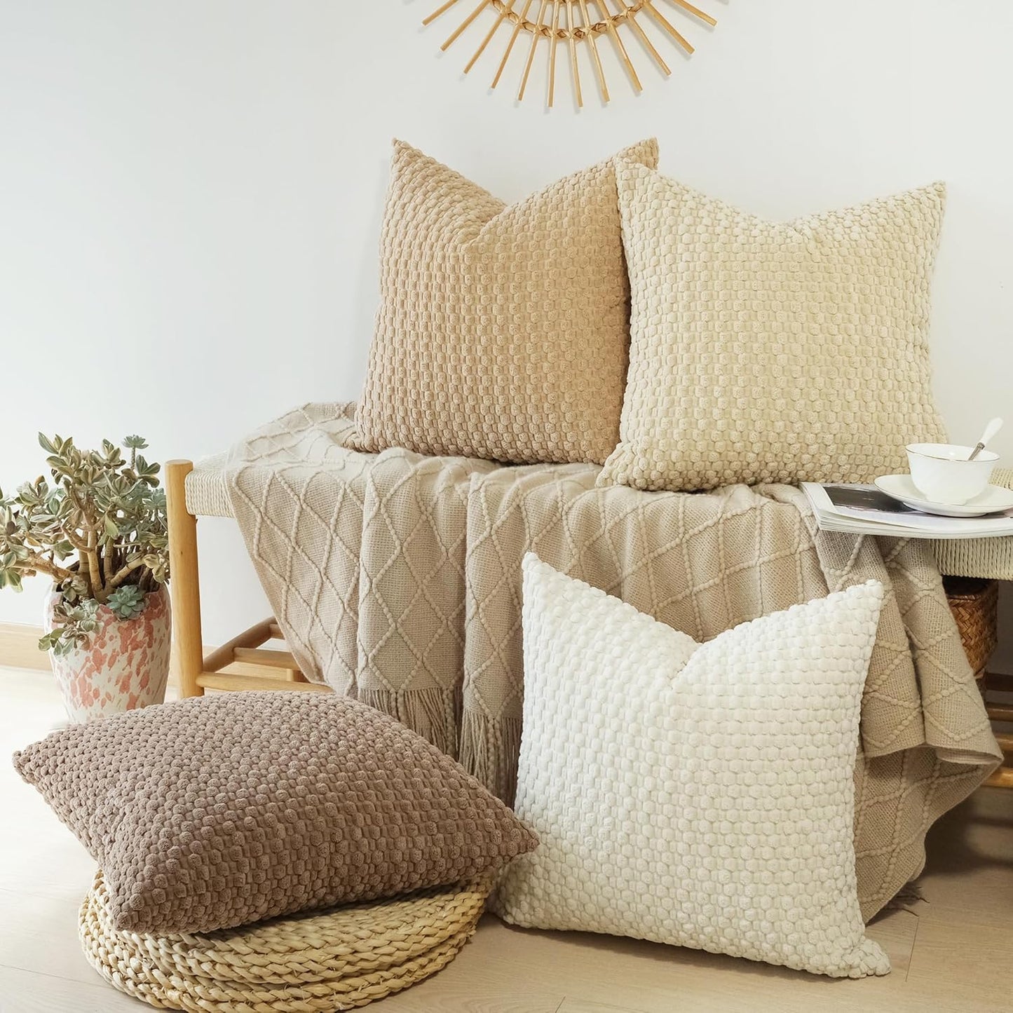 Pack of 4 Neutral Decorative Throw Pillow Covers Farmhouse Boho Home Decor Striped Corduroy Square Pillowcases 18 X 18 Inch Beige Chocolate