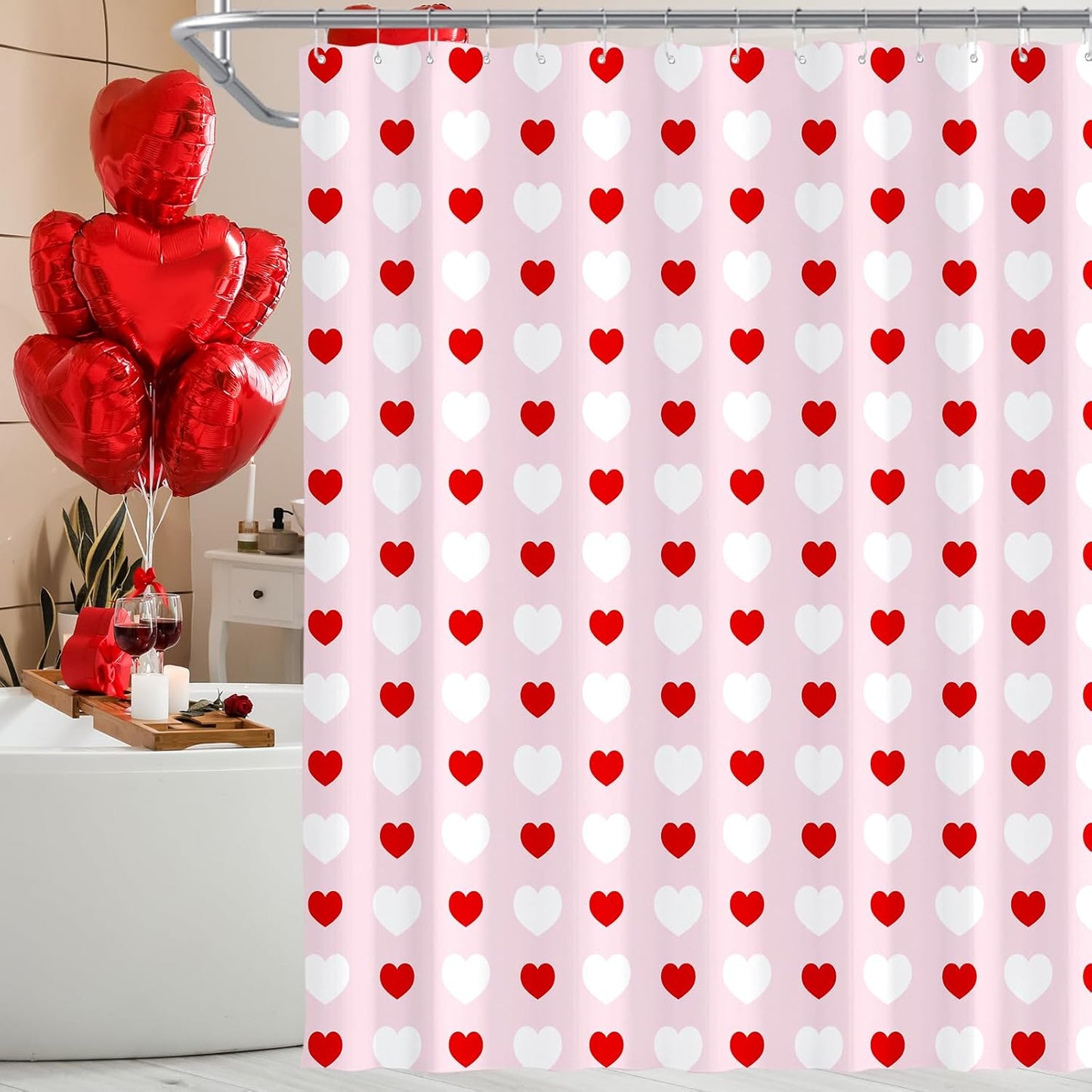 71 X 71 Inches Valentines Shower Curtain Red and White Love Heart Theme Romantic Bathroom Curtain Waterproof Polyester Curtain with Hooks Set for Valentine'S Bathroom Decorations