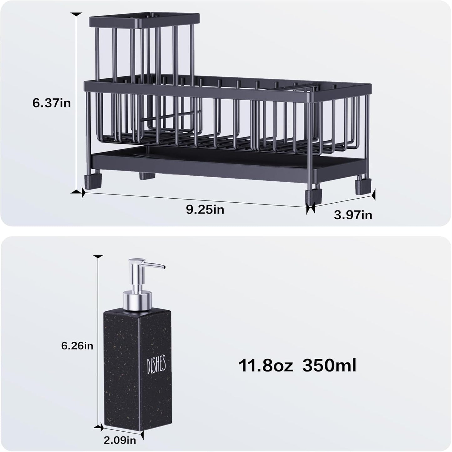 Kitchen Soap Dispenser Set with Sink Caddy, 12 Oz Glass Bottle, Hand and Dish Soap Dispenser Set with Sponge Holder (Black Sink Caddy + Black Bottle)