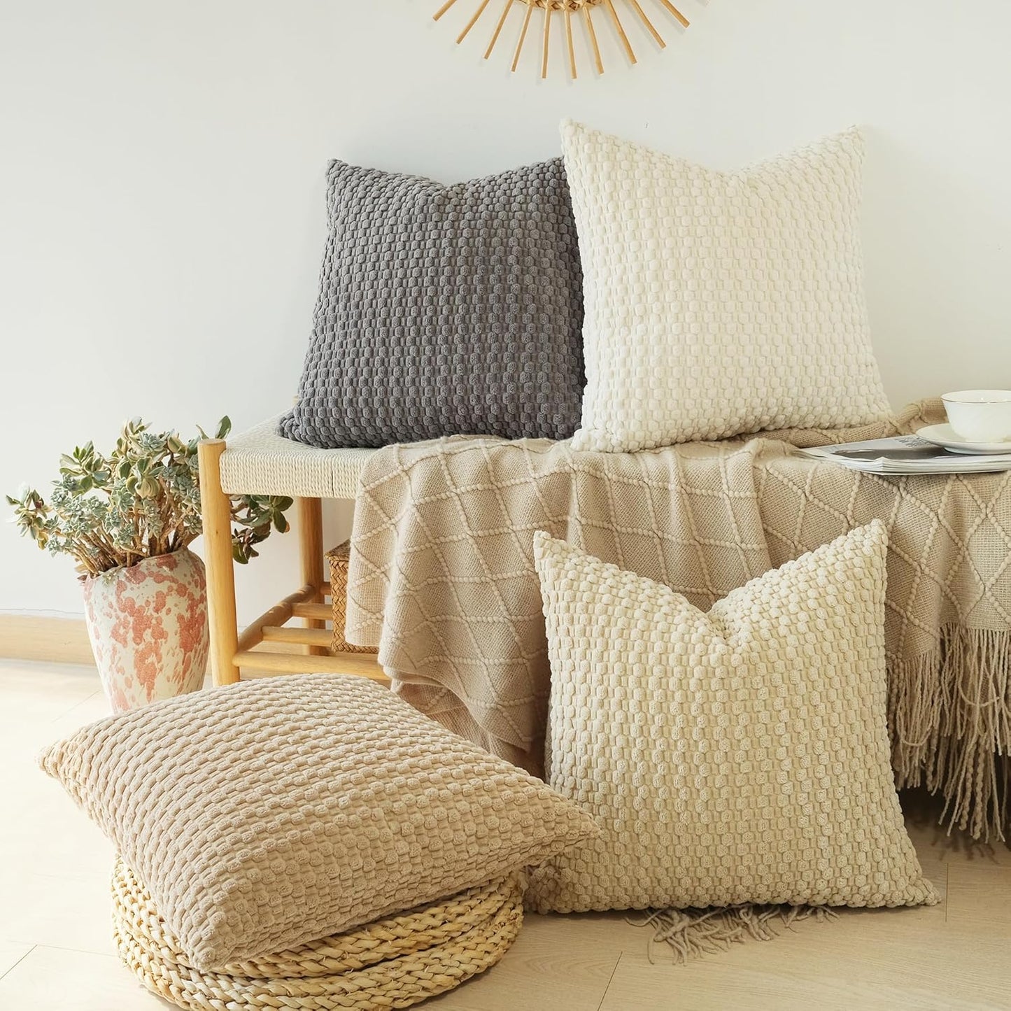 Pack of 4 Neutral Decorative Throw Pillow Covers Farmhouse Boho Home Decor Striped Corduroy Square Pillowcases 18 X 18 Inch
