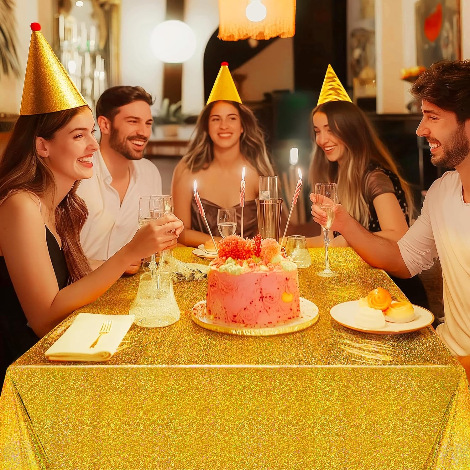 Gold Holographic Foil Tablecloths - Set of 2, 54x108 Durable Table Covers for Elegant Events, Perfect for Parties, Weddings, and Showers