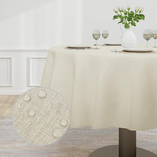 Faux Linen Waterproof Spill-Proof Tablecloth Stain Resistant round Table Cloth Wrinkle Free Decorative Fabric for Kitchen, Dining, Party, Weddings, Restaurants (70 In-Round, Beige)