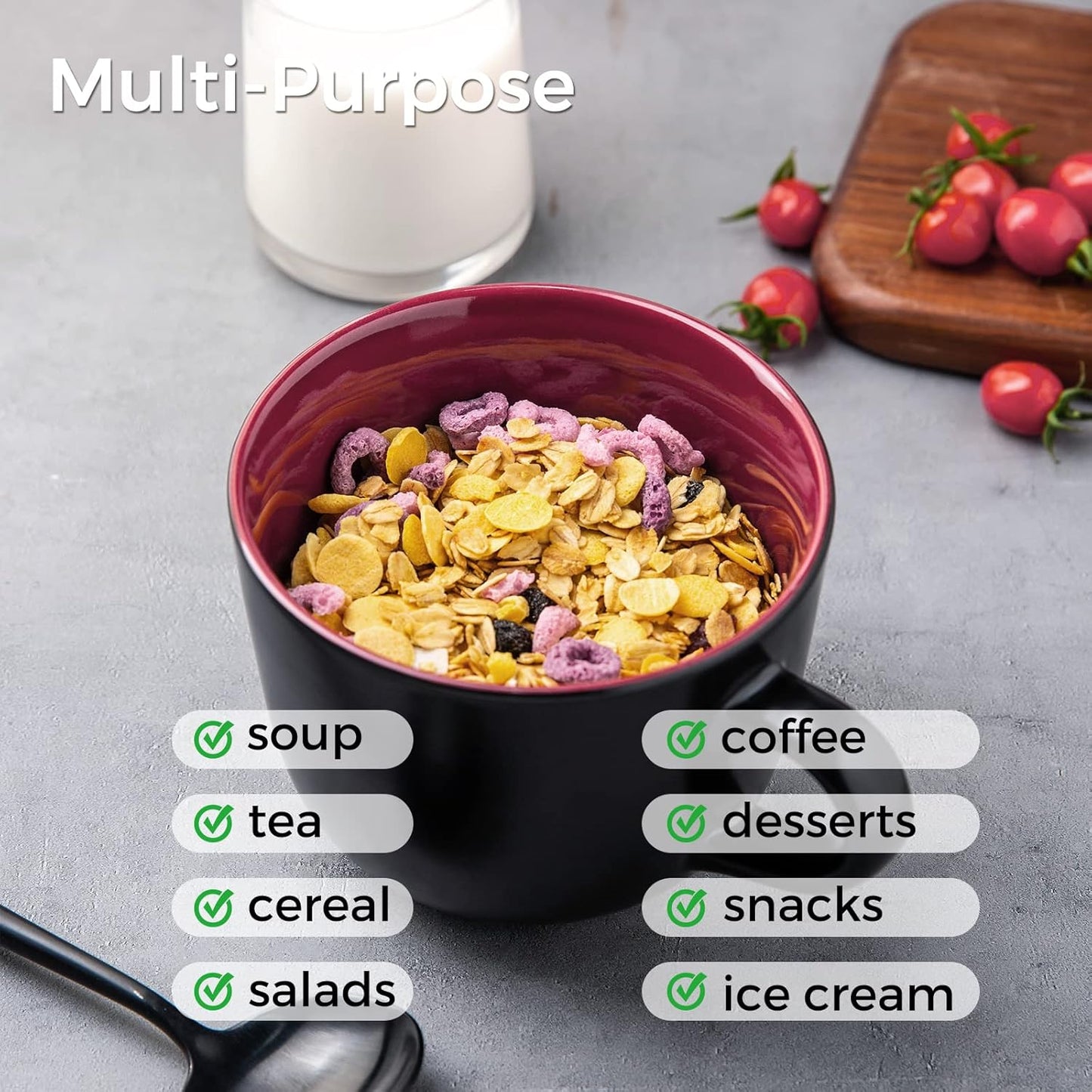 Ceramic Soup Mugs with Vented Lids, 24 Oz Multi-Color Set of 4, Ideal for Soup, Coffee, Cereal, Salad, and Noodles, Microwave and Dishwasher Safe