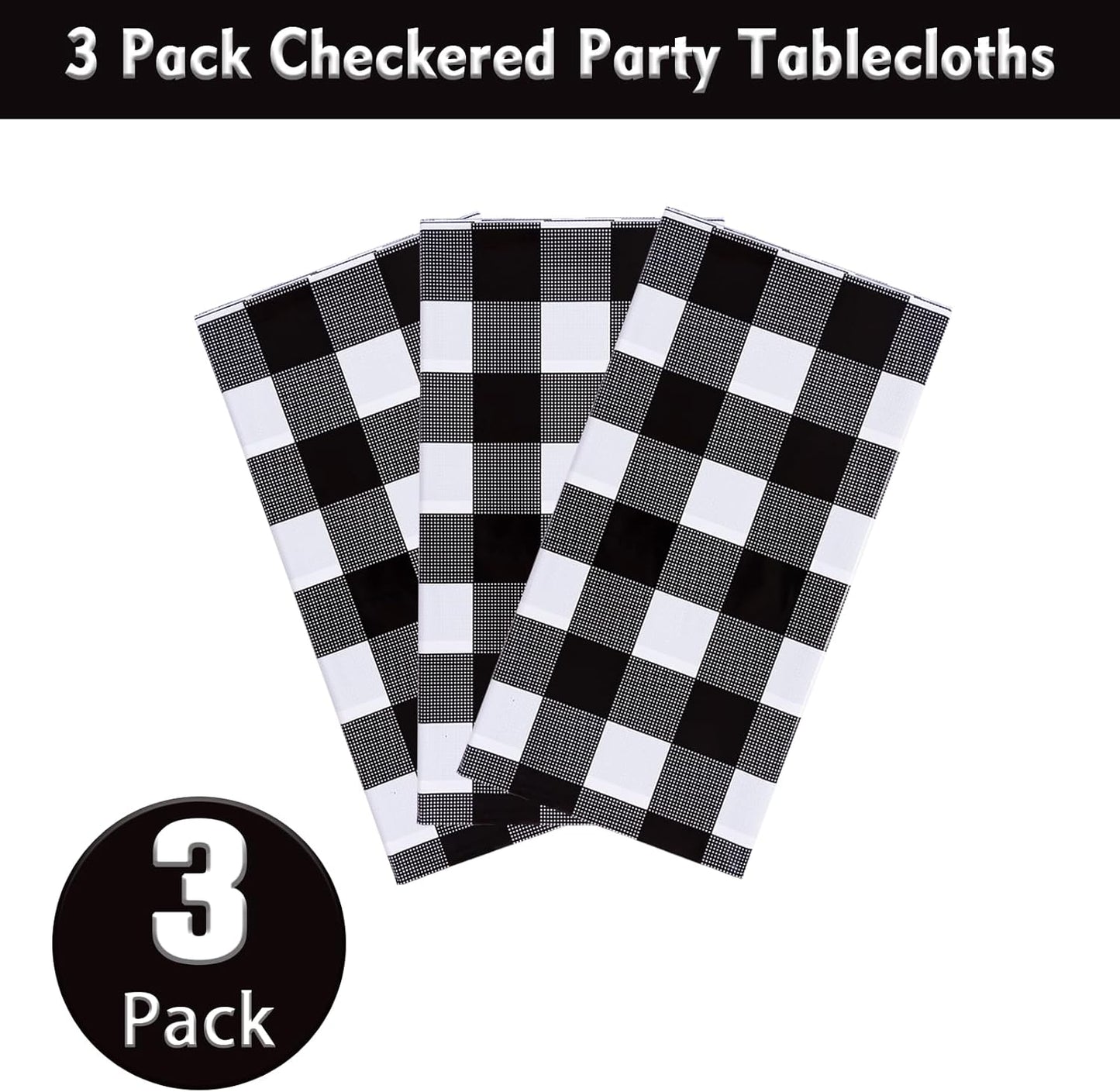 3 Packs Black Gingham Tablecloths 54 X 108 Inch Black and White Checkered Tablecloth Disposable Plastic Plaid Picnic Tablecover Waterproof Fall Checkered Table Cloth for Camping Halloween Party