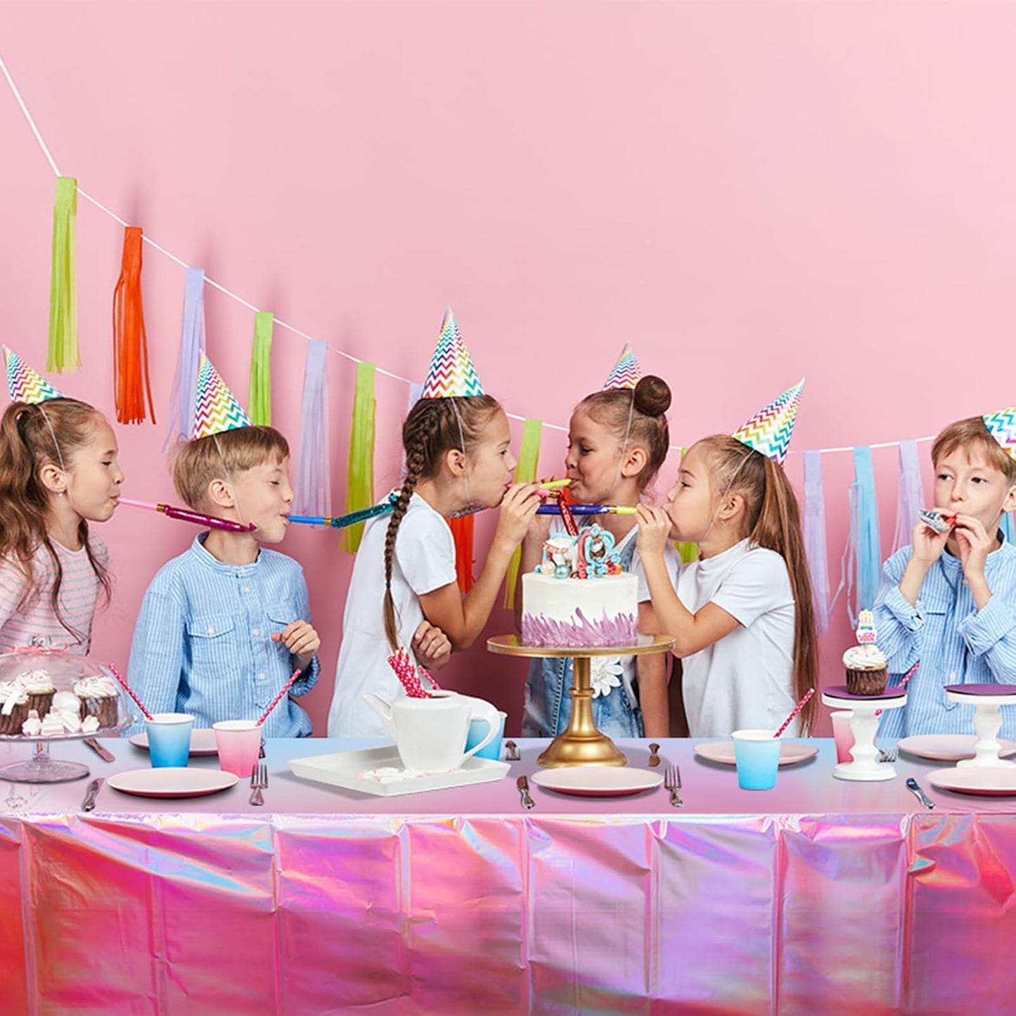 1 Pack Iridescent Pink Plastic Tablecloths, Shiny Disposable Laser Rectangle Table Covers, Holographic Foil Tablecloth Iridescent Party Decorations for Birthday Wedding Christmas, 54X108Inch