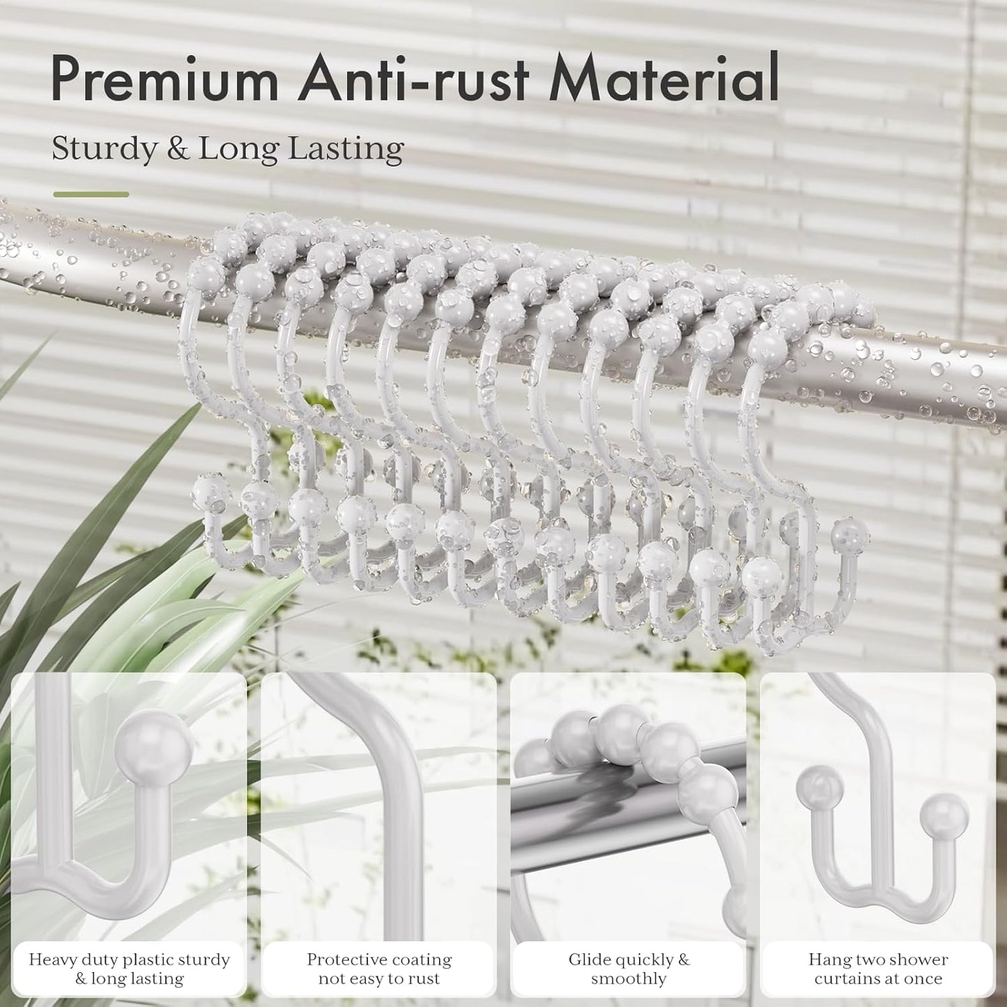 Plastic Shower Curtain Hooks, Shower Curtain Hooks Rings, Double Shower Curtain Hooks, Shower Hooks for Shower Curtain, White Shower Curtain Hooks for Curtain Liner Bathroom - 12 Pcs