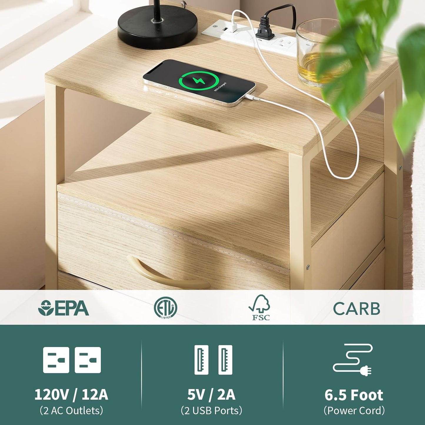 Nightstand with Charging Station, Small Night Stand with Fabric Drawers and Storage Shelf for Bedrooms, Nightstands for Small Spaces, Bedside Table with USB Ports & Outlets, Bed Side Table