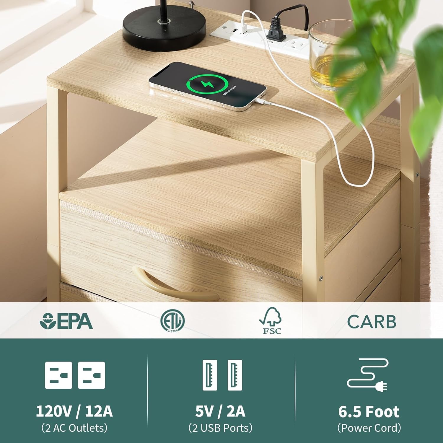 Nightstand with Charging Station, Small Night Stand with Fabric Drawers and Storage Shelf for Bedrooms, Nightstands for Small Spaces, Bedside Table with USB Ports & Outlets, Bed Side Table