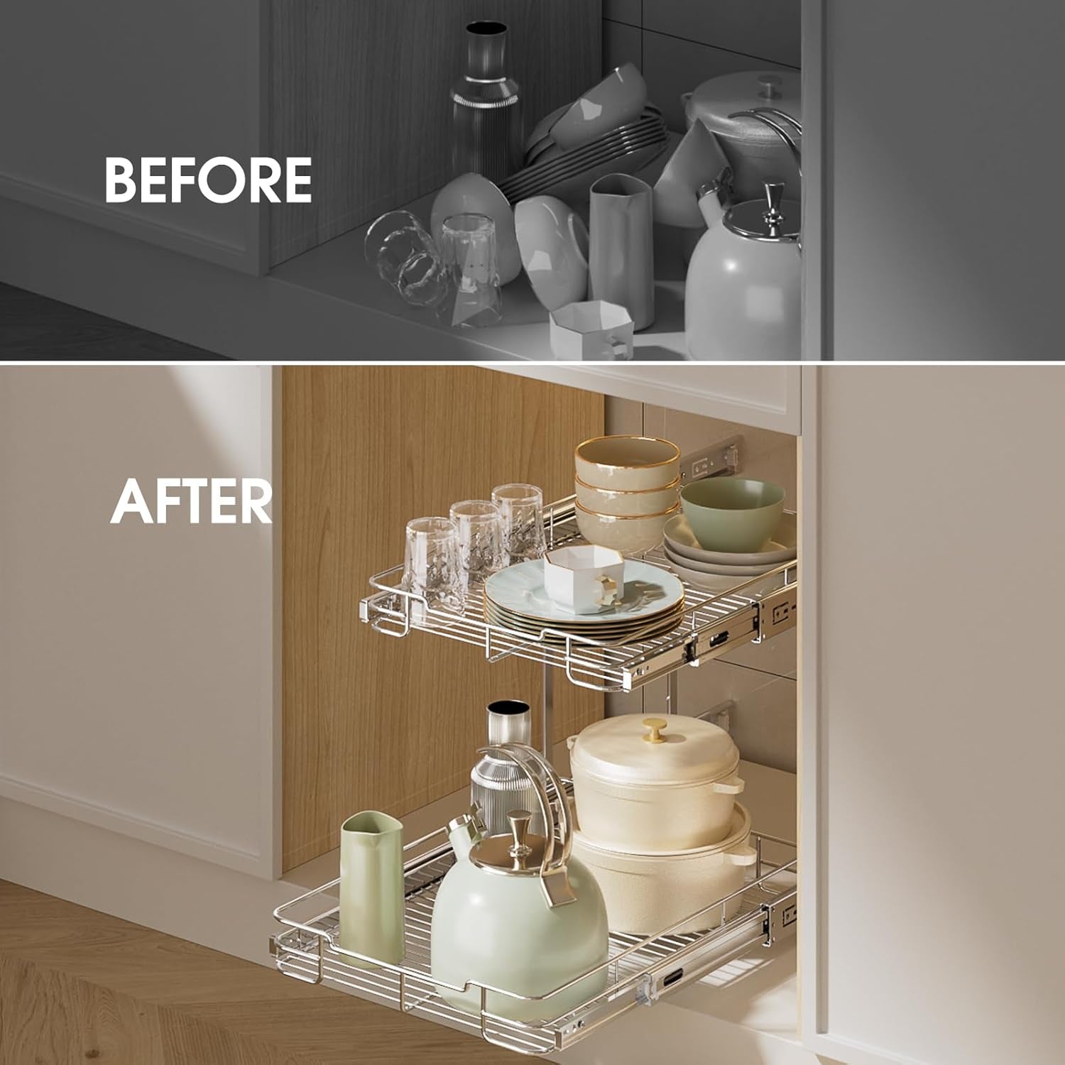 Pull Out Cabinet Organizer, Heavy Duty Cabinet Shelf Organizers, 2 Tier Cabinet Slide Out Shelves for Kitchen, Pantry, Bathroom, 14" W X 21" D