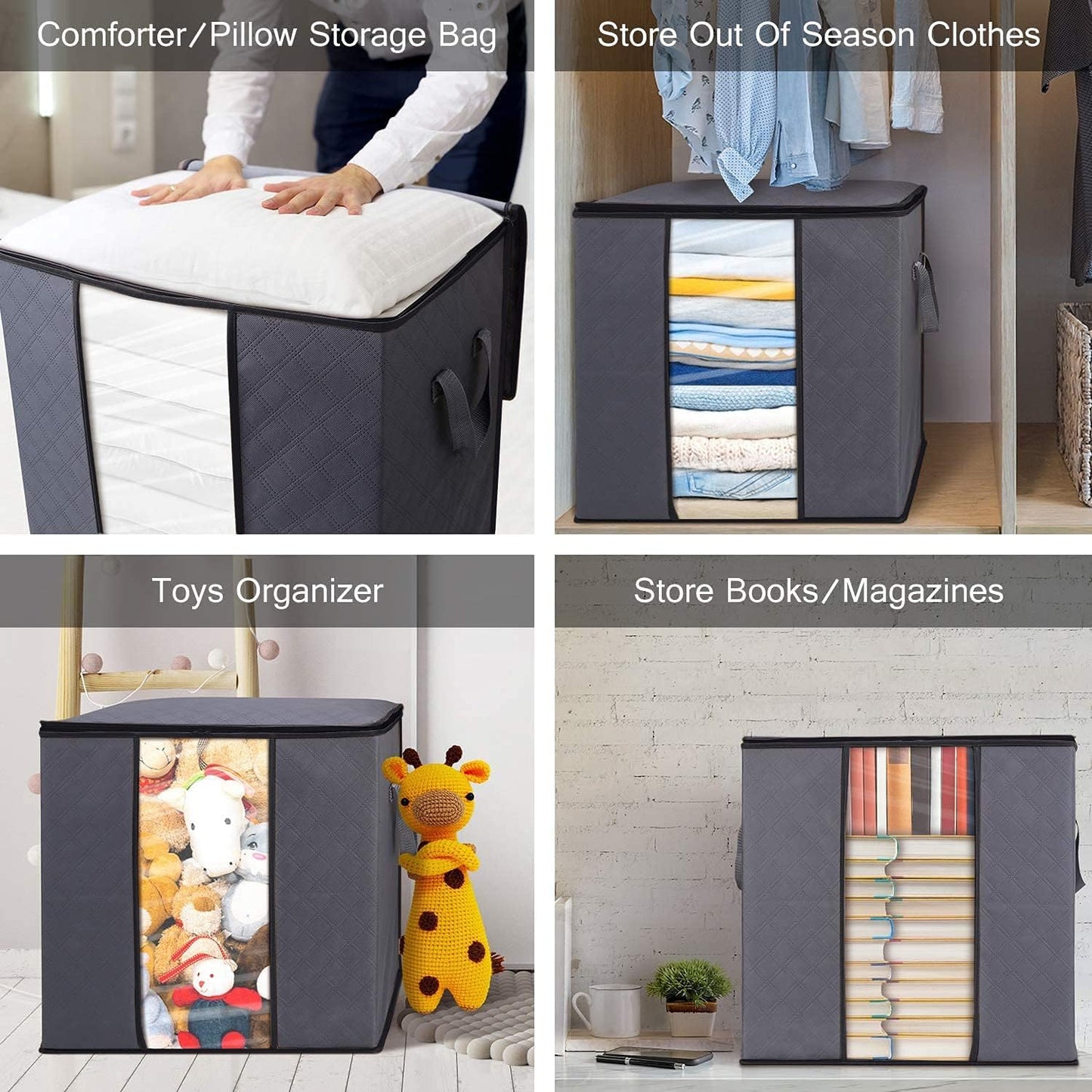 Clothes Storage Bags 6 Pack/100L Large Blanket Clothes Organization and Storage Containers for Bedding, Comforters, Foldable 3 Layer Fabric, Reinforced Handle, Sturdy & Clear Window, Grey