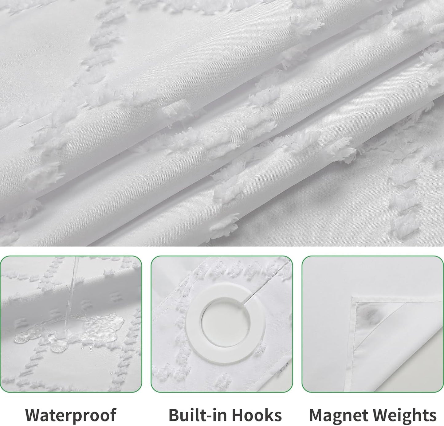 White No Hook Shower Curtain with Fabric Snap in Liner Set, Boho Tufted Chevron Striped Shabby Chic Textured Shower Curtain with a Mash Top Window, Hotel Decor, 71" W X 74" L