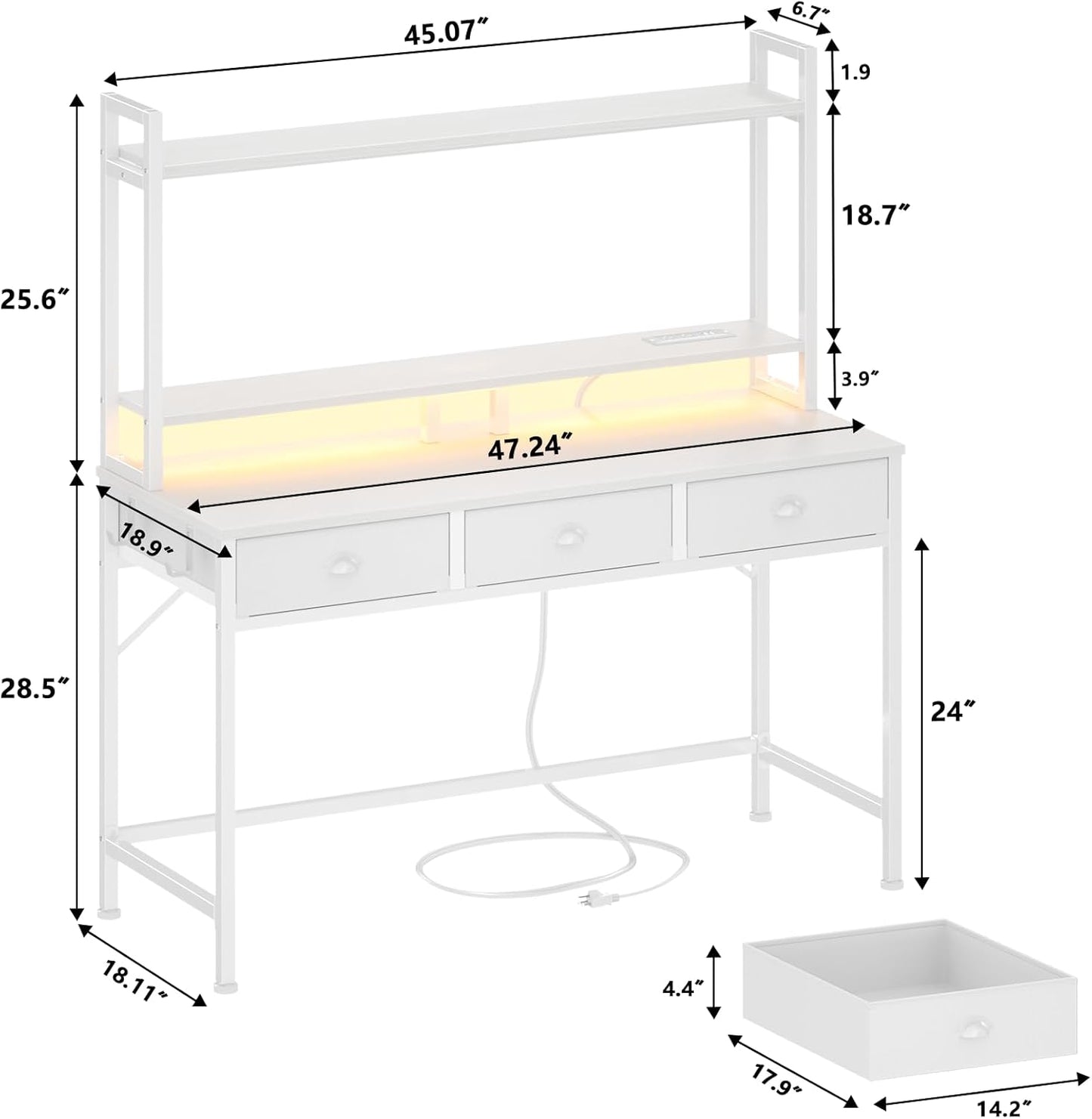 47'' White Computer Desk with 3 Drawers Hutch, LED Lights, Home Office Desks, Gaming Table with Monitor Stand, 2AC Power Outlets and 2 USB Ports, Modern Work Study Table for Bedroom