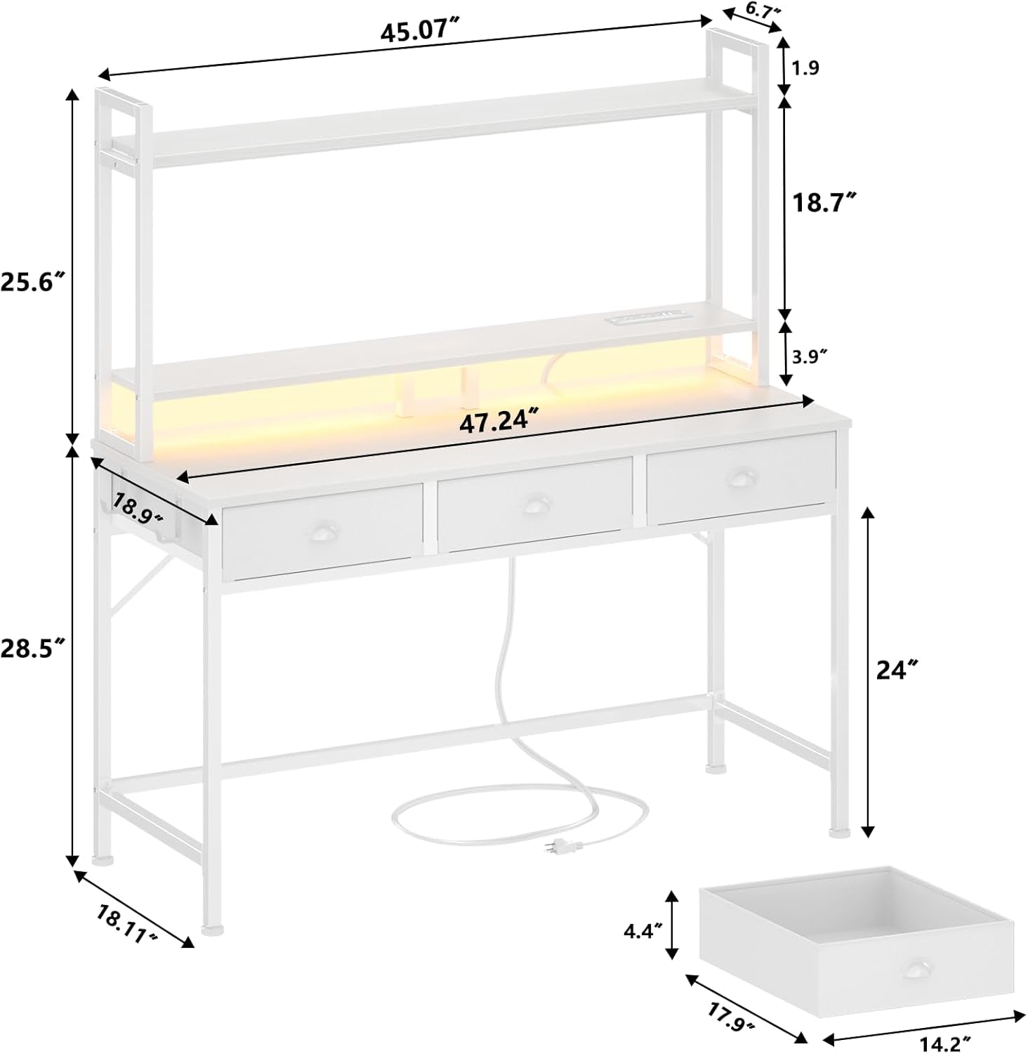 47'' White Computer Desk with 3 Drawers Hutch, LED Lights, Home Office Desks, Gaming Table with Monitor Stand, 2AC Power Outlets and 2 USB Ports, Modern Work Study Table for Bedroom