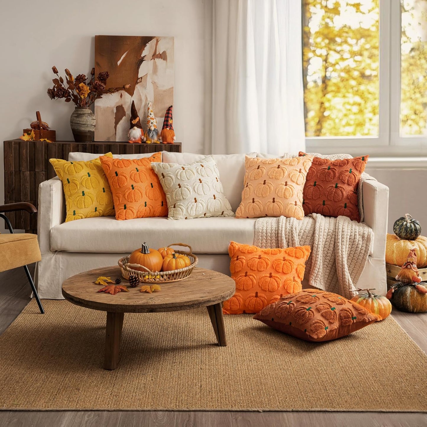 Fall Pumpkin Throw Pillow Covers Decor Set of 2 Dark Rust Green Stem 18 X 18 Decorative Cushion Covers Soft Faux Fur Couch Pillows for Autumn Harvest Outdoor Porch Farmhouse Halloween Home