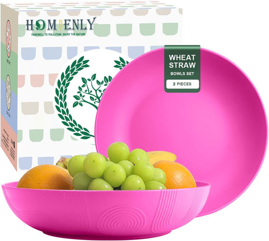 Wheat Straw Large Salad Bowls - 60 OZ Unbreakable Serving Bowls for Kitchen, Camping, and Parties - Microwave and Dishwasher Safe - Lightweight Pink Bowls for Fruits and Salads