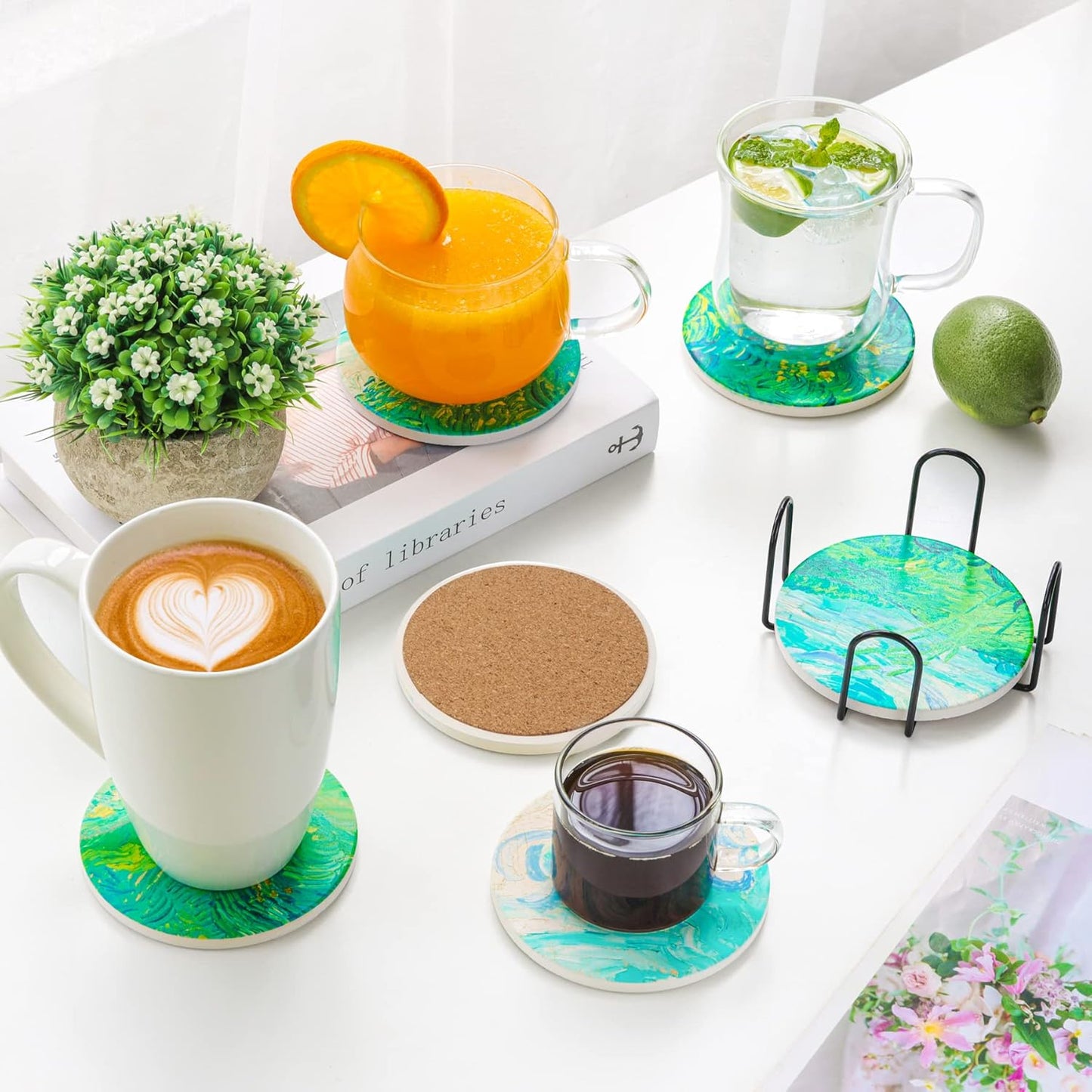 Drink Coasters with Holder, Coasters for Drinks-Set of 6, Van Gogh Paintings Art Ceramic Coasters for Coffee Table Gifts Home Decor, Green, 4 Inches, 10CM