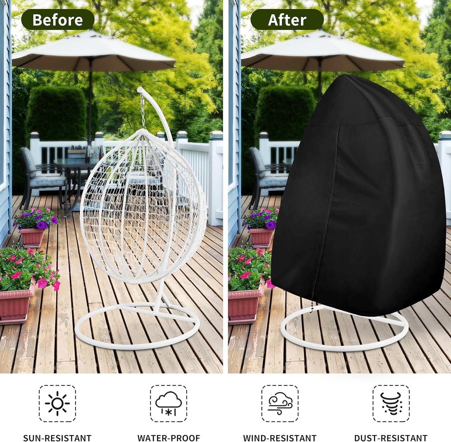Patio Hanging Egg Chair Cover, UV Resistant Waterproof Outdoor Single Seat Swing Chair Cover with Zipper, Black