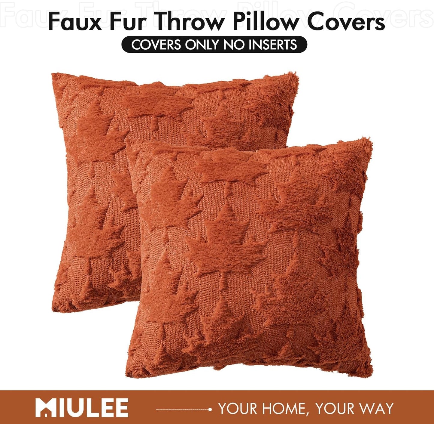Fall Autumn Throw Pillow Covers 18X18 Burnt Orange Set of 2 Thanksgiving Decorative Solid Maple Leaf Accent Pillow Cases Soft Plush Faux Wool for Home Decor Holiday Outdoor Porch Bedroom