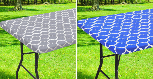 Waterproof Elastic Fitted Table Covers, Wipeable Flannel Backed Vinyl Tablecloths for Camping, Indoor, Outdoor (30"X72",Grey+ 30"X72",Blue)