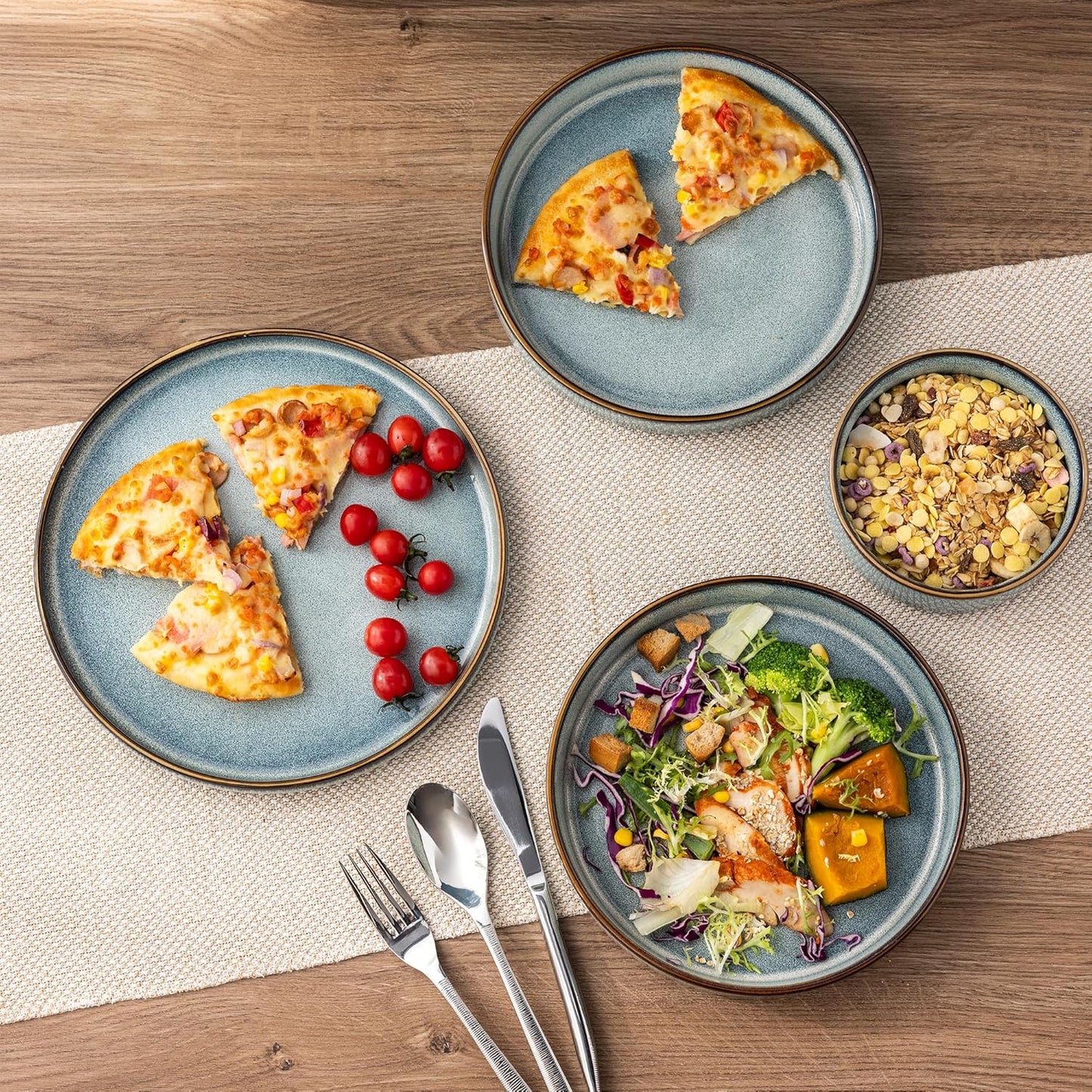 Ceramic Dinnerware Set for Four, 12-Piece Stoneware Plate and Bowl Collection, Reactive Glaze Finish - Scratch Resistant, Dishwasher and Microwave Safe