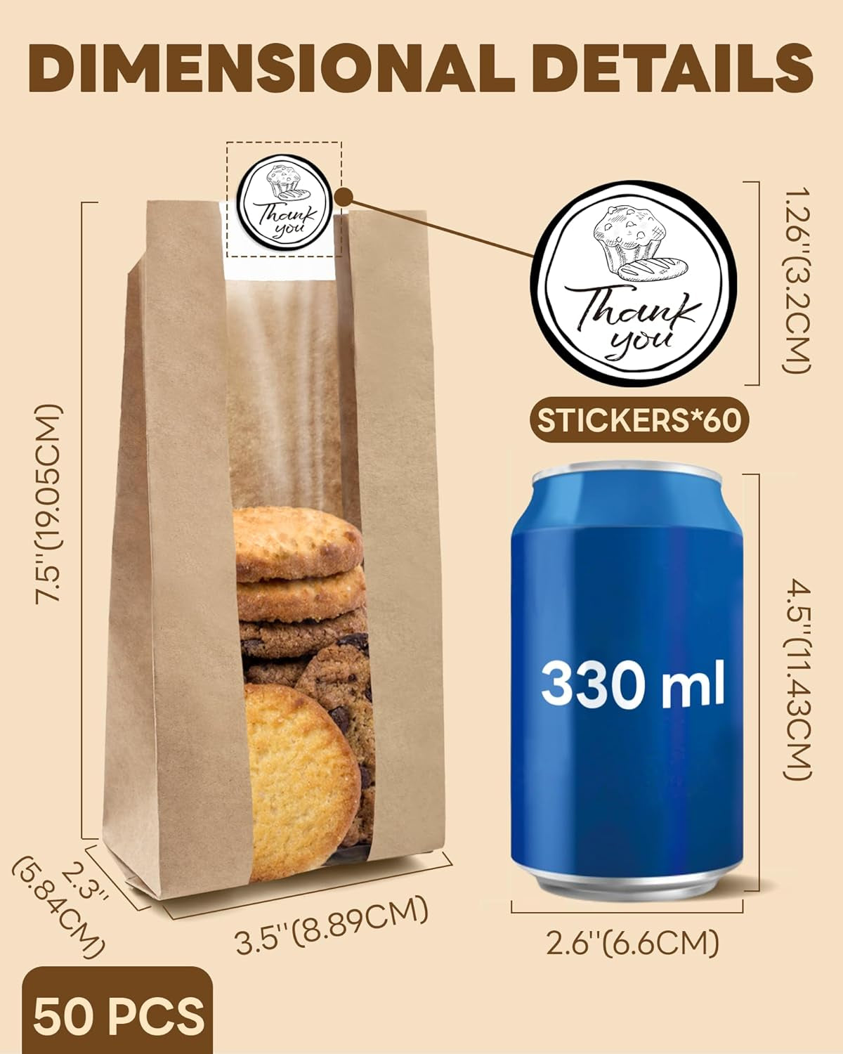 50 PCS Cookie Bags with Seal, 3.5"X 2.3"X7.5" Kraft Brown Paper Bags with Stickers, Bakery Bag for Snack, Cupcake, Coffee Bean, Party Favor, Cookie Packaging,