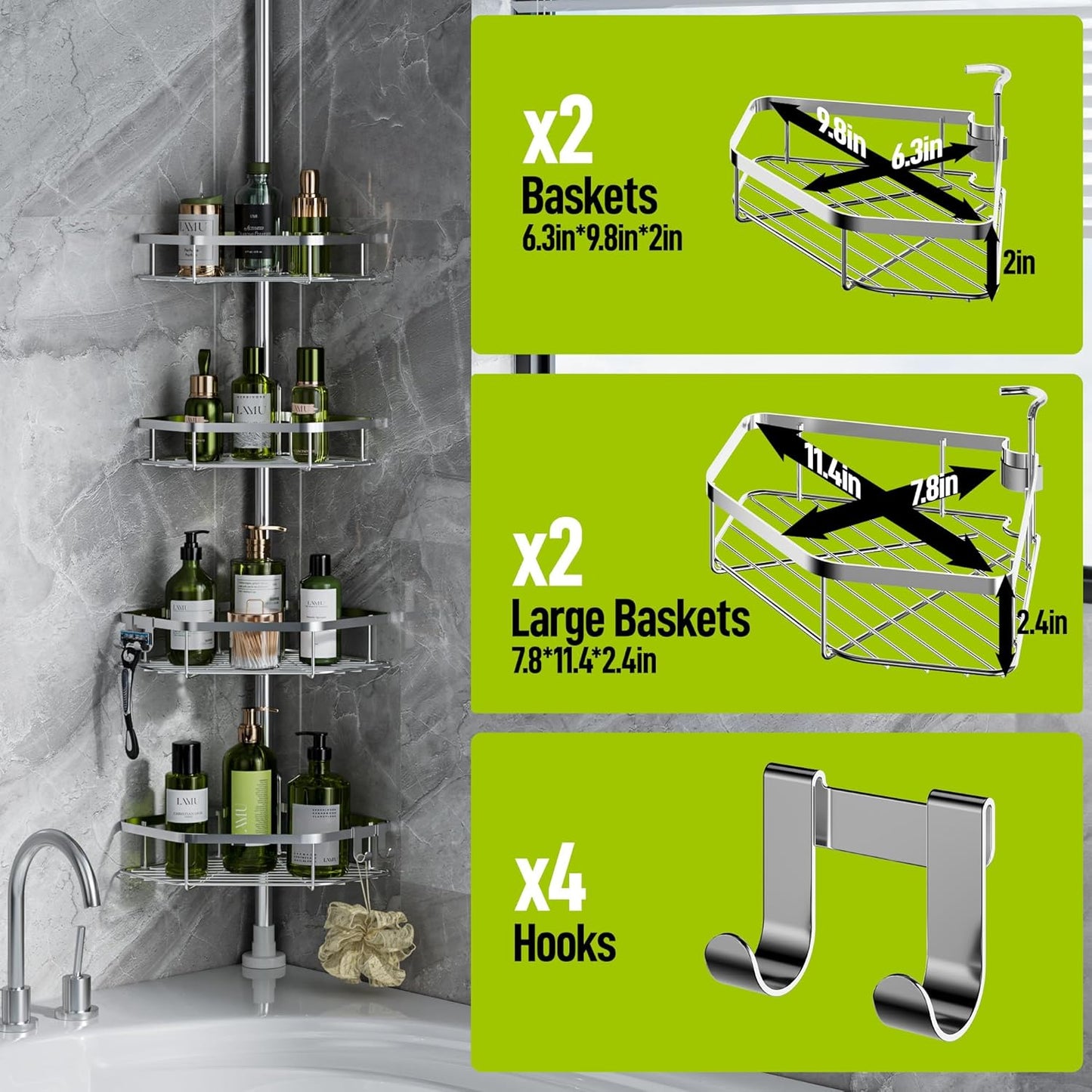 Corner Shower Caddy Tension Pole, Stainless Steel Shower Organizer, Strong Spring, 4 Adhesive Pads, 2.4" Non-Slip Grid Base, Adjustable 4-Tier Basket, 4 Hooks, Fits Heights 37.8-124", Silver