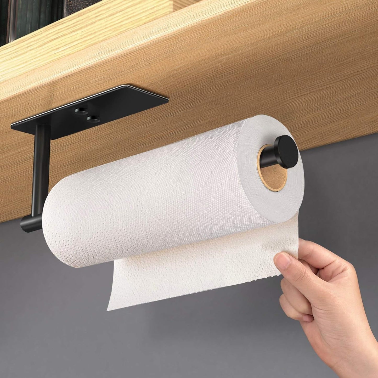 Self Adhesive Paper Towel Holder under Cabinet Mount, Wall Mount Paper Towel Roll Rack for Kitchen Cabinet, Bathroom, SUS304 Stainless Steel Black