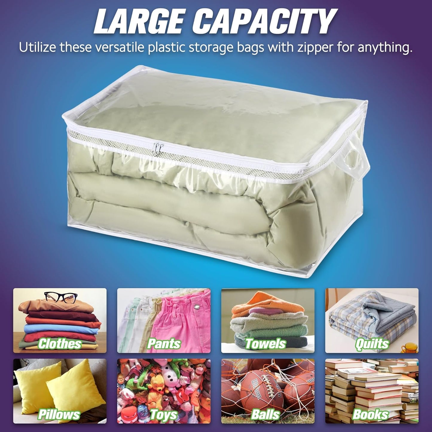 20 Gallon Large Storage Bag for Clothes, Zipper Clothing Storage Bag, Clear Organizer with Reinforced Handles, for Comforters Blankets Pillows Bedding (1 Pack)